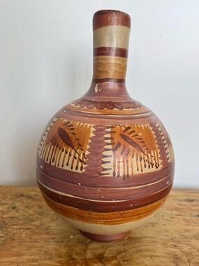 Vintage Mexican Handmade Ceramic Pottery Jug Vase Handpainted